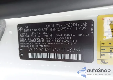 2010 BMW 335I из США, поврежденный, VIN WBAWB7C54AP048952